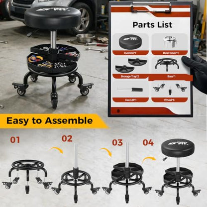Rolling Shop Stool with Wheels,Mechanics Garage Work Stool,Dark - color: Dark
