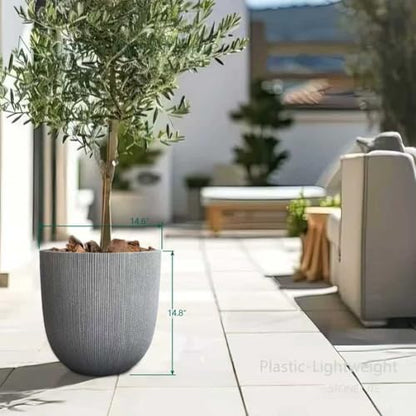 14.8"H Tall Tapered Ribbed Large Plastic Planter w/ Drainage Hole & Plug - color: Mediterranean Gray., size: 14.8in
