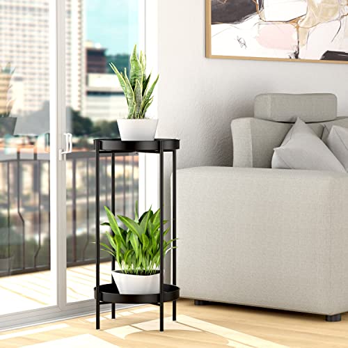 2 Tier Plant Stand Indoor Outdoor - 10.5in Width 24in Tall Flower Pot Rack - color: Black