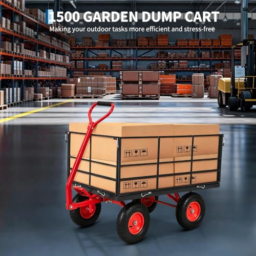 GarveeLife 1500 Lbs Garden Dump Cart with 13" All-Terrain Tires, Dump Frame, 3-in-1 Convertible Yard Wagon & Swivel Handle – Black Frame, Red Rims & Handlebars - size: 1500lbs Dump