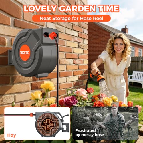 Upgraded Retractable Garden Hose Reel 1/2" x 130 ft 9 Pattern Nozzle Any Length Lock Wall-Mounted Automatic Slow Return 180° Swivel UV Resistant Heavy Duty Hose Reels for Outside
