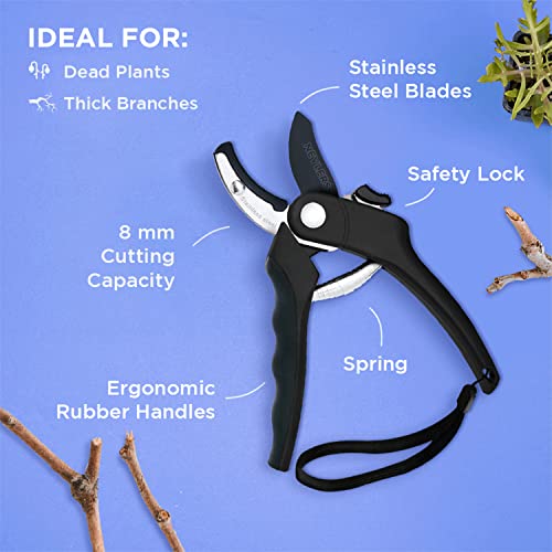 Nevlers 8" Anvil Pruning Shears Heavy Duty Garden Pruners w/ 8mm Cut Cap - color: Black, size: Anvil