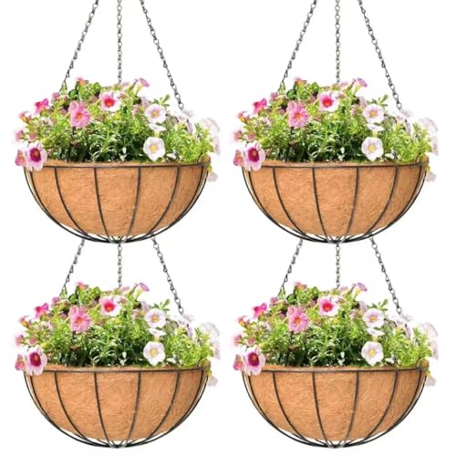 4 Pack 14 Inch Hanging Baskets for Plants Outdoor Metal Hanging Planter Hanging Flower Baskets with Coco Fiber Liners Chain Round Wire Plant Holder Hanging Flower Pots(Watermelon) - style: Watermelon