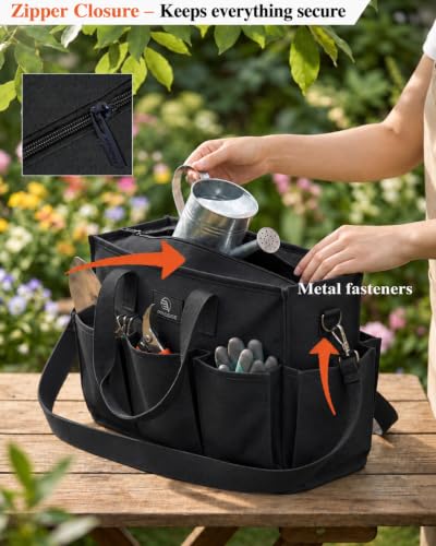 Garden Tool Bag with 9 Pockets & Shoulder Strap, Heavy Duty Gardening Tote Organizer for Tools, Gloves & Supplies, Black