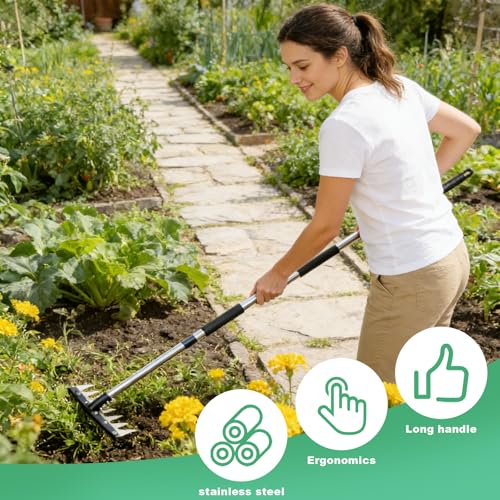 Weed Puller Tool with Long Handle, 3-in-1 Weeding Rake and Weed Remover Tool for Yard, Gardening Long Handle Weeding Tools, Stainless Steel Adjustable Handle, Ergonomic Grip