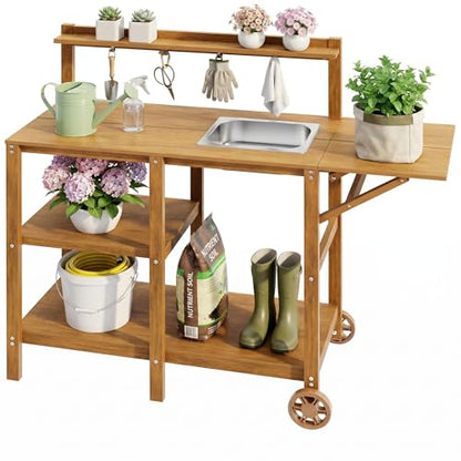 YEFU Potting Bench with Sink, All-Weather Resistant,Teak - color: Teak, size: Premium
