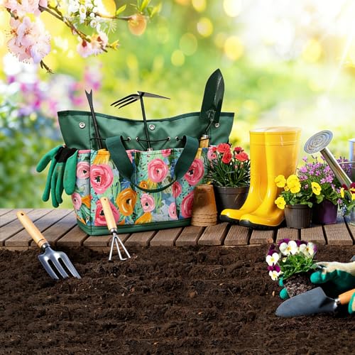 Waterproof Garden Tool Bag, 600D Oxford Portable Gardening Tote with Handle & Multi Pockets, Ideal Gifts for Parents Women (Green, Tools Not Included) - color: Green
