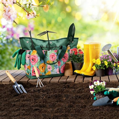 Waterproof Garden Tool Bag, 600D Oxford Portable Gardening Tote with Handle & Multi Pockets, Ideal Gifts for Parents Women (Green, Tools Not Included) - color: Green