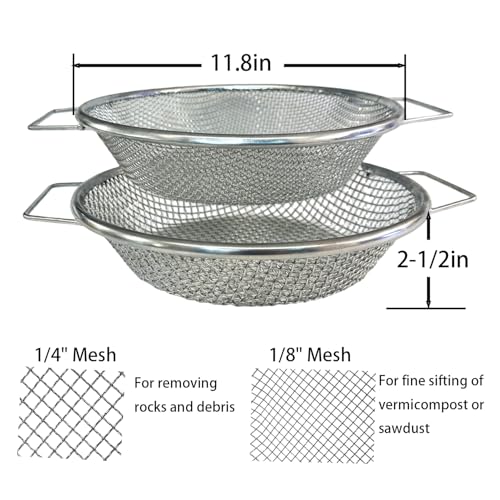2PCS Soil Sifter for Gardening with Handle, Stainless Steel Compost & Rock Sifter for 5 Gallon Bucket - 1/4" & 1/8" Mesh