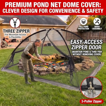 Heavy Duty Nylon Pond Cover Net 13x17 FT - Zippered Dome Mesh - size: 5x7FT