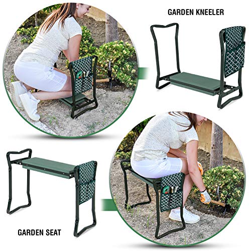 Garden Kneeler And Seat - Protects Your Knees, Clothes From Dirt & Grass Stains - Foldable Stool For Ease Of Storage - EVA Foam Pad - Sturdy and Lightweight - Bench Comes With A Free Tool Pouch!