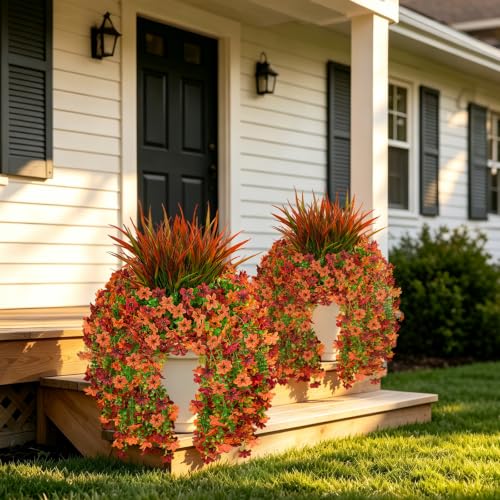 7PCS Artificial Fall Hanging Flowers for Outdoor, Six-Petaled Faux Mums - color: Brown Red