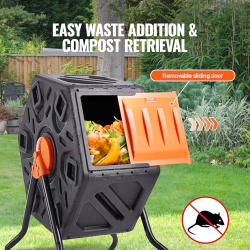VEVOR Compost Bin, 18.5-Gal Small Composting Tumbler, Compact Single Rotating Chamber with Sliding Door and Steel Frame, BPA Free Composter Bin Tumbler for Garden, Kitchen, Yard, Outdoor - size: 18.5 Gal