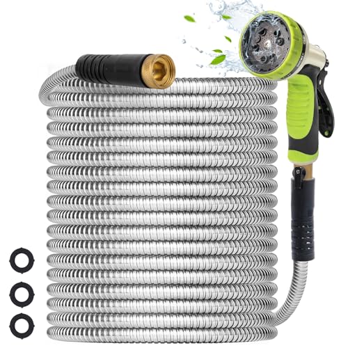 Metal Garden Hose 100FT - Heavy Duty Stainless Steel Metal Water Hose With 10 Function Nozzle, Lightweight, No Kink, Durable and Leak Proof Flexible Garden Hose for Yard, Outdoor