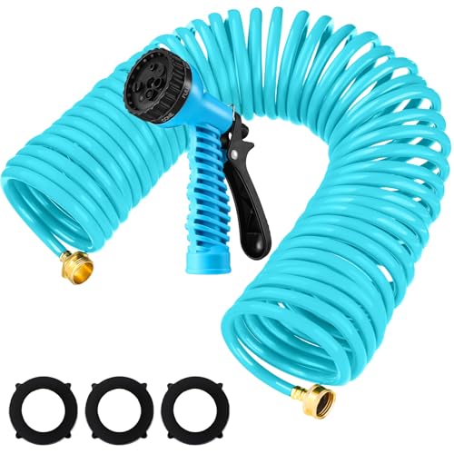 Pangda Expandable Coil Garden Hose 25 ft with Spray Nozzle, Blue - color: Blue, size: 25 Ft