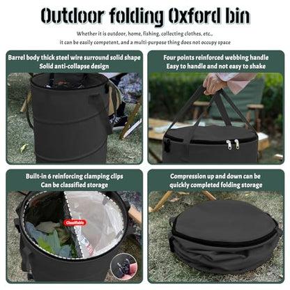 Pop up Camping Trash can with lid,Collapsible 24 Gallons Trash can with Sorting Clips,Garden Garbage Bag with Lid,Lawn and Leaf Bags - Reusable Yard Waste Bags (Black) - color: Black