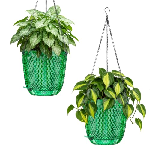 QCQHDU 5.7 Inch Small Hanging Planters for Indoor Outdoor Plants,Self Watering Flower Pots Hanging Basket Plant Hanger with Drainage Holes and 3 Hooks for Window Porch Garden Balcony, (Green) 2 Pack - color: Green, size: 5.7"+5.7"
