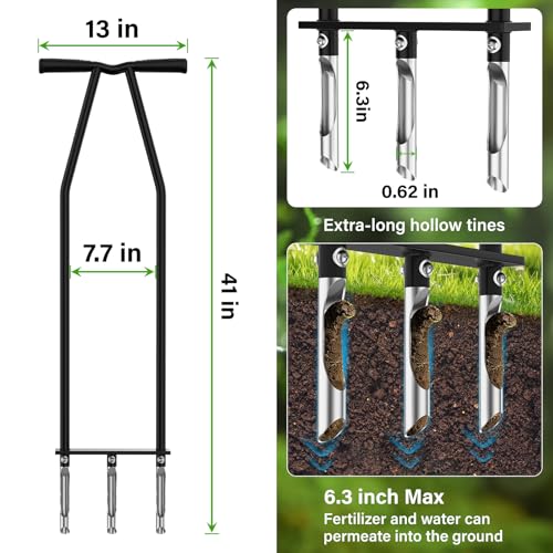 Manual Core Lawn Aerator with 3 High Strength Stainless Steel Tines