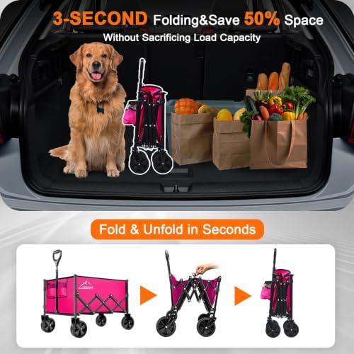 AMNOW 100L Collapsible Wagon Cart with All Terrain Wheels, 350LBS, Rose - color: Rose-3