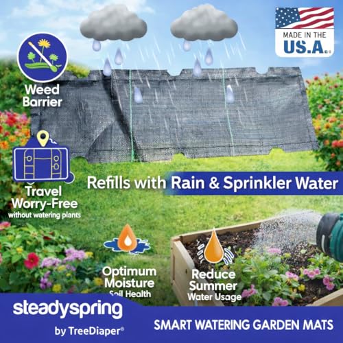 SteadySpring® Smart Watering Garden Mat for Raised Garden Beds 30-Day Irrigation Auto Refills with Rain for Gardens, Tomato Plants, Flowers (2-Pack)