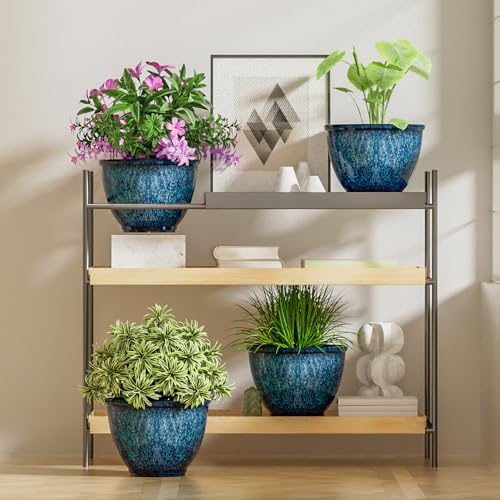 8 Inch Plant Pots Indoor Outdoor, Glazed Plastic Planter with Drainage - color: Blue