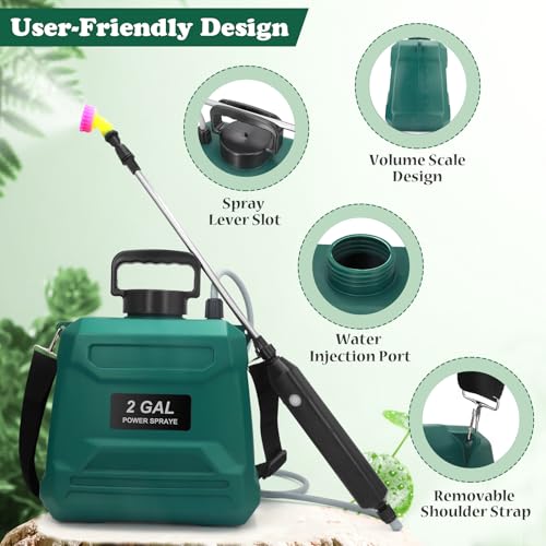Battery Powered Sprayer 2 Gallon, Powerful Electric Garden Sprayer with 3 Mist Nozzles, USB Rechargeable Handle, Retractable Wand and Adjustable Shoulder Strap for Irrigation, Weeding(Green) - color: Green