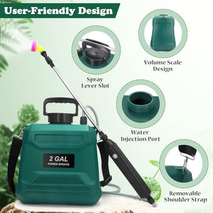 Battery Powered Sprayer 2 Gallon, Powerful Electric Garden Sprayer with 3 Mist Nozzles, USB Rechargeable Handle, Retractable Wand and Adjustable Shoulder Strap for Irrigation, Weeding(Green) - color: Green