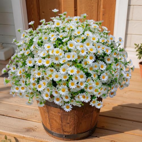 alyptus Fake Flowers for Outdoors 8 Bundles White Silk Artificial Sunflower Plants Faux Greenery for Wedding Home Garden Window Box Outdoor Planters Decor (White Fake mums) - color: White Artificial Flowers for Outdoors