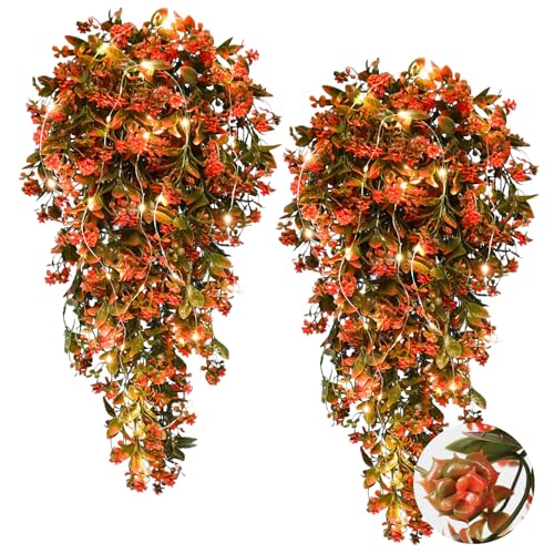 RECUTMS Artificial Fall Hanging Flowers with 30 LED Fairy String Light 2Pcs - color: Lights Autumn Red-rose