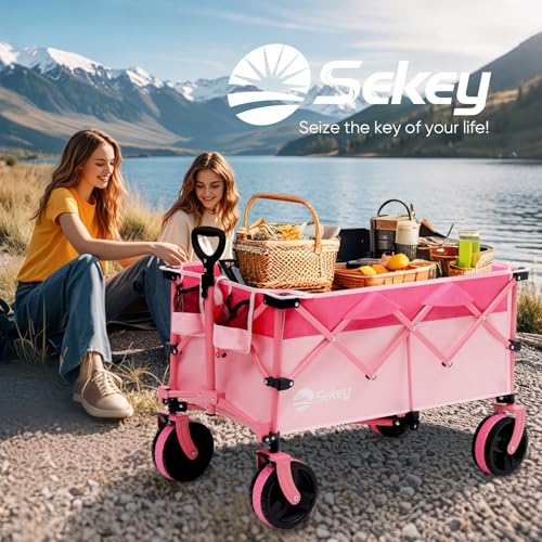 Sekey 220L Beach Wagon, 330 lb Capacity, Foldable, 8 in Wide Wheels - color: Pink