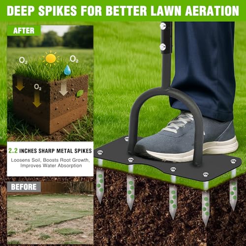 Yesker Lawn Aerator Tool, Manual Metal Soil Aerator with 9 Iron Spikes - size: 38 Inches