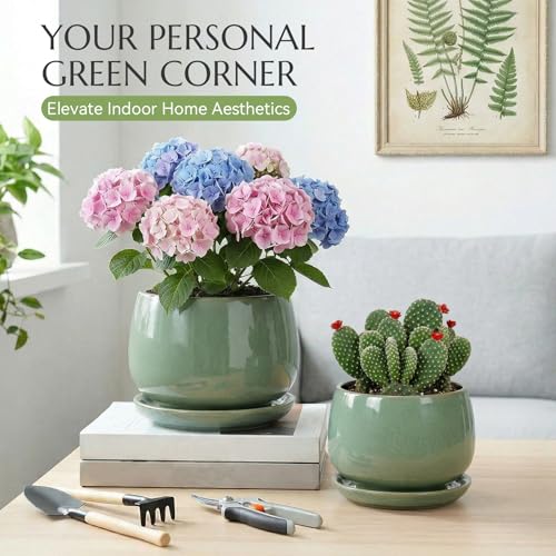 10.3 Inch Flower pots for Indoor Outdoor Plants with Saucer Drainage Leak-Proof Mesh, Ceramic Planter with Gardening Gloves for Succulent and Flower (Crackled Green) - color: Crackled Green, size: 10.3 Inch