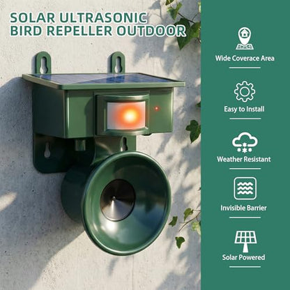 2026 Upgraded Ultrasonic Bird Repeller Solar Powered Outdoor Motion Activated Bird Pigeon Deterrents for Outside IP65 Woodpecker Goose Repellent Devices for Rooftops Porch Patio Balconies