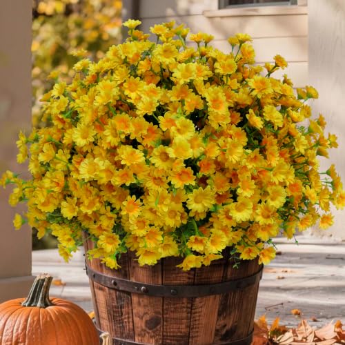 alyptus Fake Flowers Yellow Fall Flowers for Outdoors - 8 Bundles Artificial Mums UV Resistant for Home Garden Window Fall Decor - color: Yellow