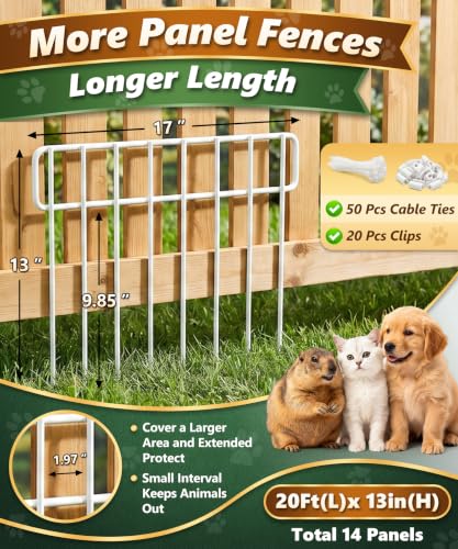 14 Panels 20Ft(L) X 13Inch(H) Garden Fence Animal Barrier - 14 Pack White No Dig Fence Animal Barrier Fence Panel Metal Fencing Edging Border for Dog Rabbits and Outdoor Yard Decorative Bottom Blocker - color: White, size: 20 ft(L) X 13 in(H), 14 Pack