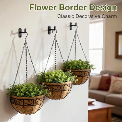 10 Inch Hanging Baskets for Plants Outdoor, 3 Pack Metal Wire Hanging Planters with Coco Coir Liners, Rust-Resistant Flower Basket with Chains & Hooks for Garden Patio Porch Deck Balcony - size: 10IN-3PCS, style: Flower Border