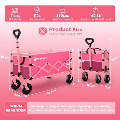 Originsure 110L Portable Collapsible Wagon Cart, 360lbs Heavy Duty, Pink - color: Pink
