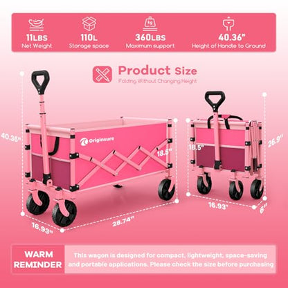 Originsure 110L Portable Collapsible Wagon Cart, 360lbs Heavy Duty, Pink - color: Pink