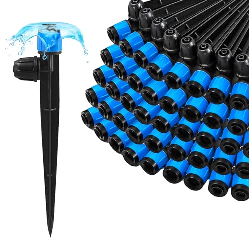 55 Pieces Drip Irrigation Emitters Vortex for 1/4" Tubing, Adjustable 360 Degree Water Flow Irrigation Fan Shape Spray Emitter On 5" Stake for Garden Watering System - color: Blue Lock Emitter-55P