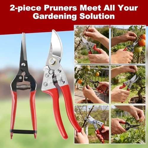 LEEPENK 2 Piece Garden Shears Set: Heavy Duty Pruning Shears with Japanese SK5 Steel Blade & Long Straight Garden Snip,Complete Pruning Shears for Gardening, Tree Trimming, Flower & Herb Cutting