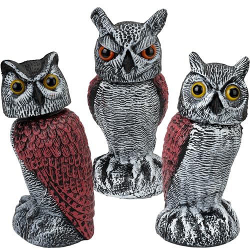 3PCS Bird Owl to Frighten Birds,Fake Owl Statue Decoy,Plastic Owls Scarecrow with Rotating Head for Garden Yard Outdoor