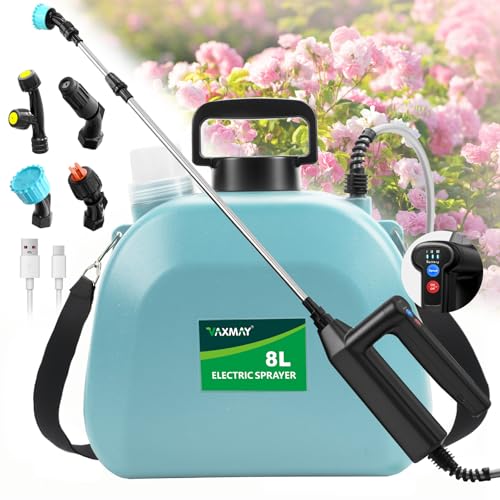 Battery Powered Sprayer 2 Gallon, 2026 Upgrade Electric Sprayer with 3 Adjustable Speed, Battery Indicator, 4 Mist Nozzles, Rechargeable Retractable Wand with Adjustable Shoulder Strap for Lawn Garden - color: Blue