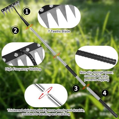 Weed Puller Tool 7-Tooth Iron Weeding Rake with Long Handle - Heavy Duty Garden Weeding Tool for Cultivating, Soil Aeration & Weed Removal