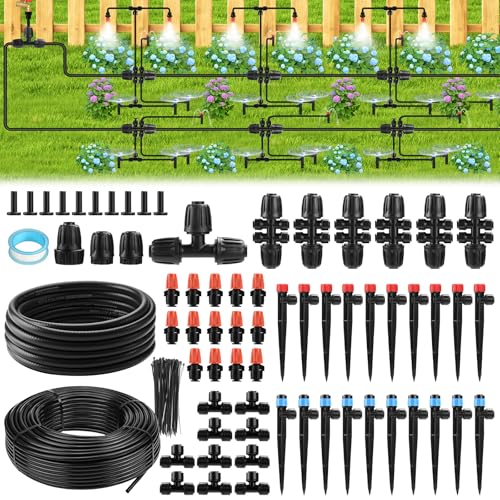 234FT Drip Irrigation System - Garden Watering System with Adjustable Three Spray Patterns with 1/2" Main Tube and 1/4" PE Distribution Tubing for Plants in Gardens, Raised Beds, Greenhouses, Lawns - size: 234FT (34FT Main Tube+200FT Distribution tube)