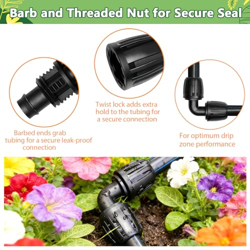 1/2 Inch Drip Irrigation Elbow Fittings, 13 Pack Anti-Drop Lock Nut Barbed Elbow Connectors for 1/2 Inch Drip Tubing (1/2" ID x 0.65" OD) Reusable Irrigation Parts for Garden Drip System - size: 1/2" Lock Nut Elbow