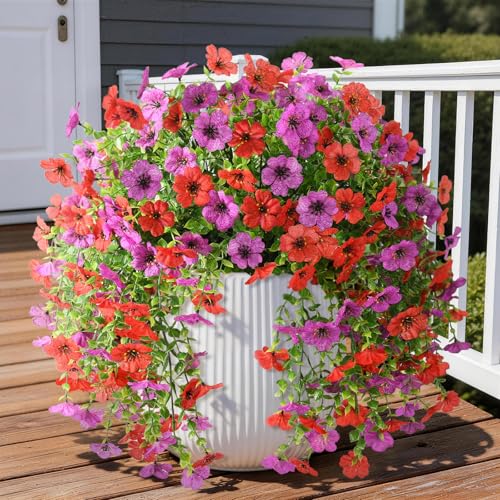 Artificial Fake Flowers Plants for Outdoor UV Resistant Summer Decoration - color: Red Purple