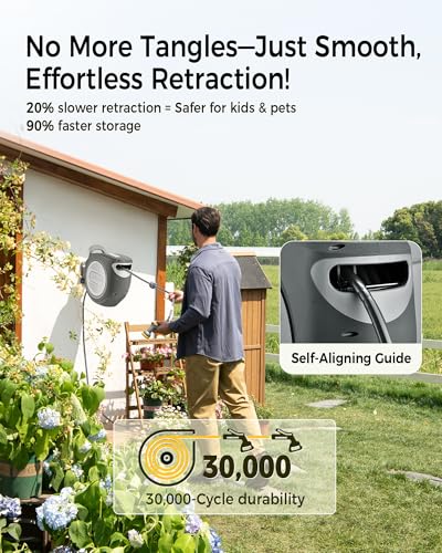 GLAHODEN Retractable Garden Hose Reel 1/2 in x 85 ft Upgraded UV Resistant Heavy Duty Automatic Hose Reel Wall Mount 3/4 in Brass Fitting 9 Pattern Nozzle Any Length Lock Slow Retraction - size: 1/2" 85FT