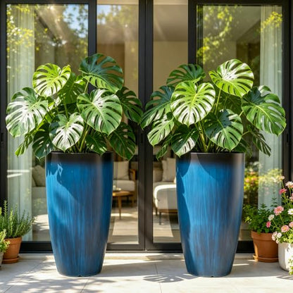 Autodaya 24" Large Tall Outdoor Planters Set of 2, Faux Ceramic Flower Pots - color: 24"h-gradient Cobalt Blue