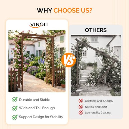 VINGLI Wood Garden Arbor, 85in Wedding Arch Garden Trellis for Plant Climbing, Pergola for Garden Backyard, Lawn (Dark Brown)