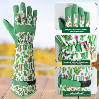 Gardening Gloves for Women, Long Garden Gloves with Grip, Thorn-Proof, Gift - color: Green - Cactus